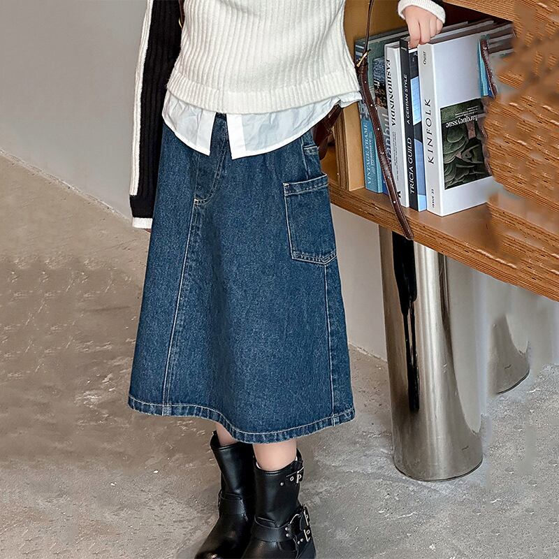 【120-150】「春新作」Aラインポケット付きデニムスカート