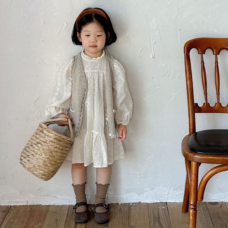 【80-140cm】春新作 品質満点 パフスリーブ レース ワンピース