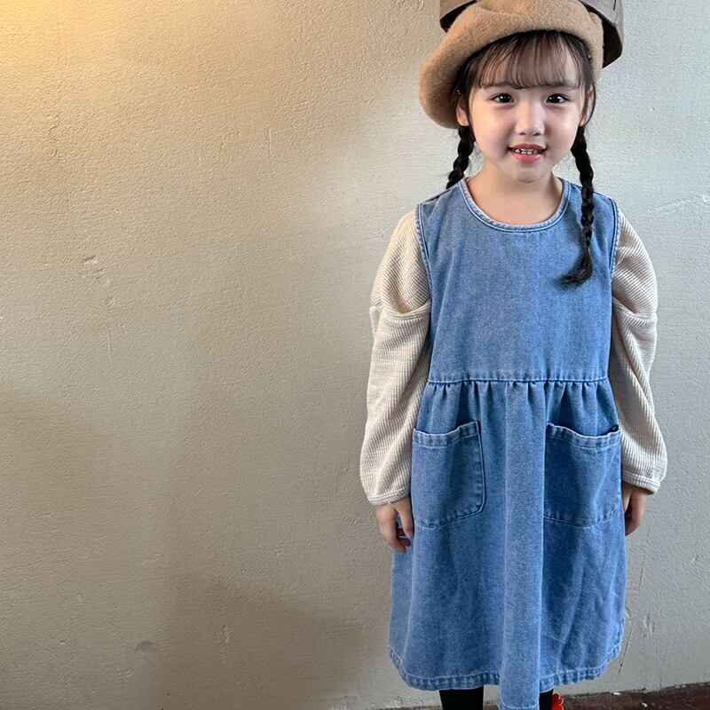 【80-150cm】春新作 ポケット付き ノースリーブ ワンピース