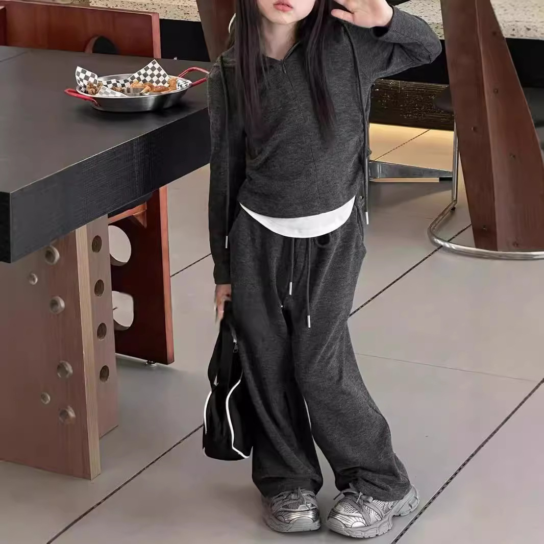 【120-170cm】二点セット シンプル 定番 フェイクレイヤード トップス+ワイドパンツ セットアップ