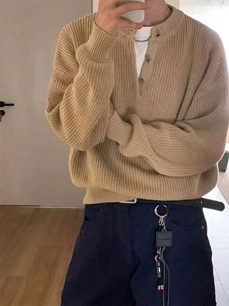 メンズ カジュアル ボタンアクセント 長袖 クルーネック セーター