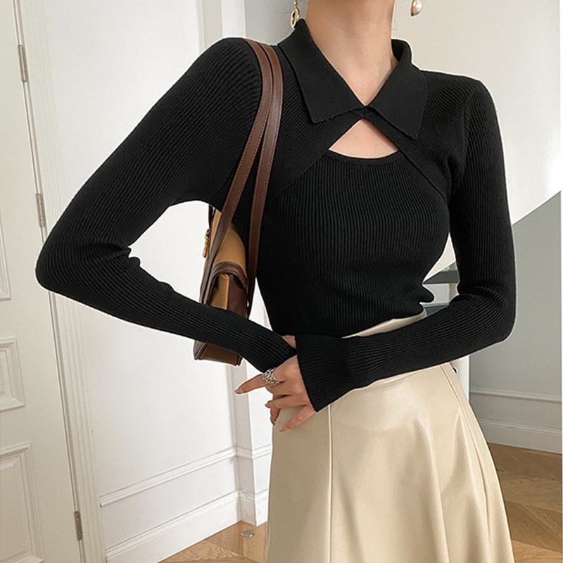 トップス ニット 3色展開 長袖 ピークドラペル