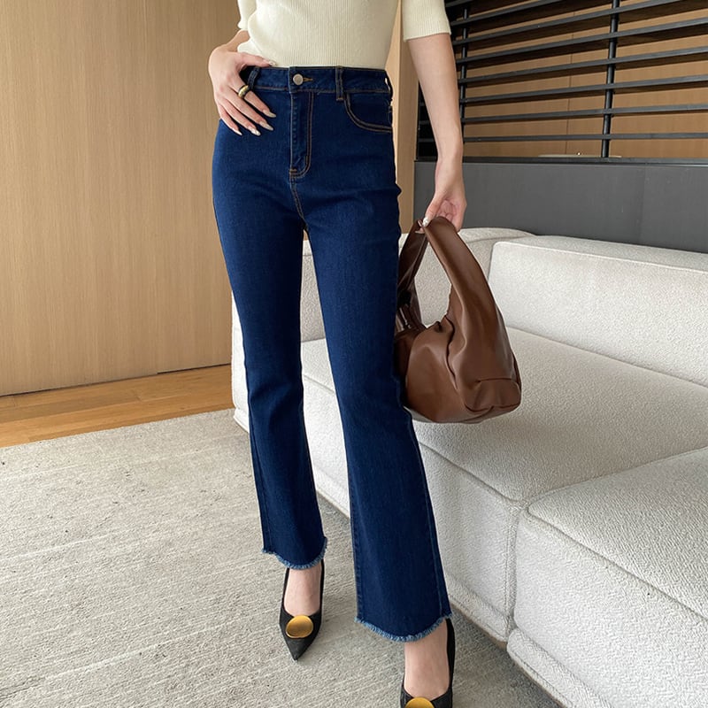 ボトムス デニムパンツ フリンジ加工 ワイドレッグ ダークブルー