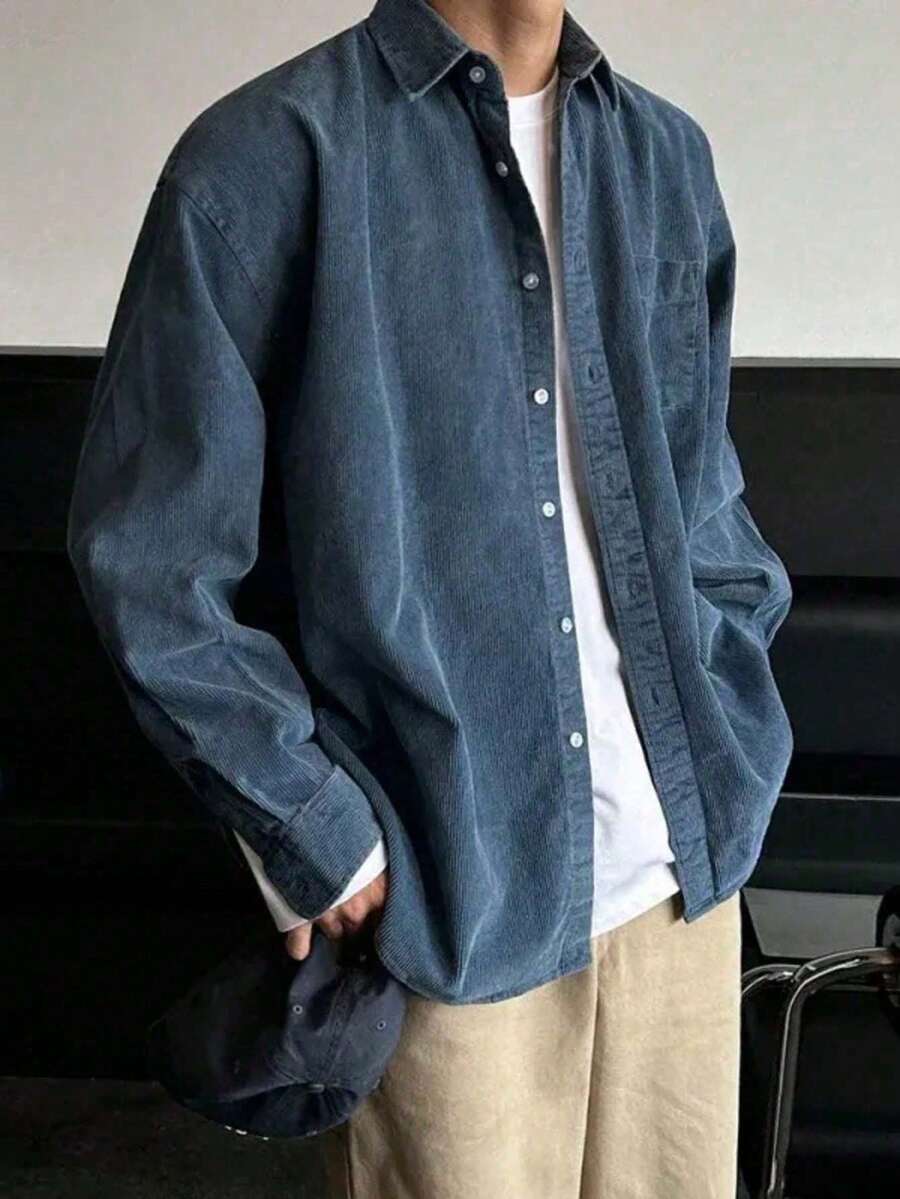 コーデュロイ デイリー   カジュアル   パッチワーク ポケット 無地 長袖シャツ