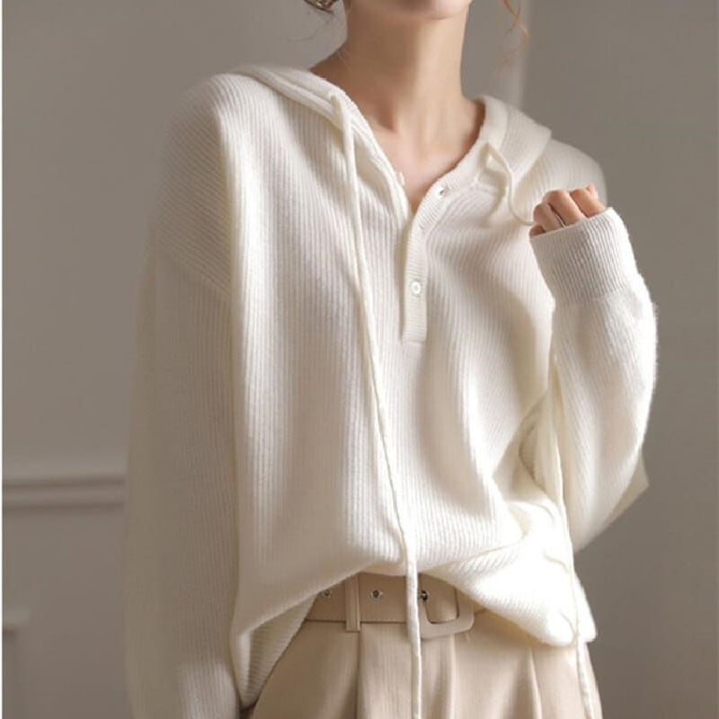 トップス カットソー ニット ボタン 長袖 カジュアル フード付き