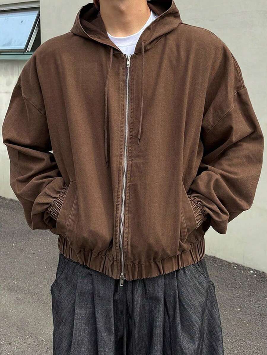 フード付き ジップアップ ダメージ加工 ブラウンジャケット