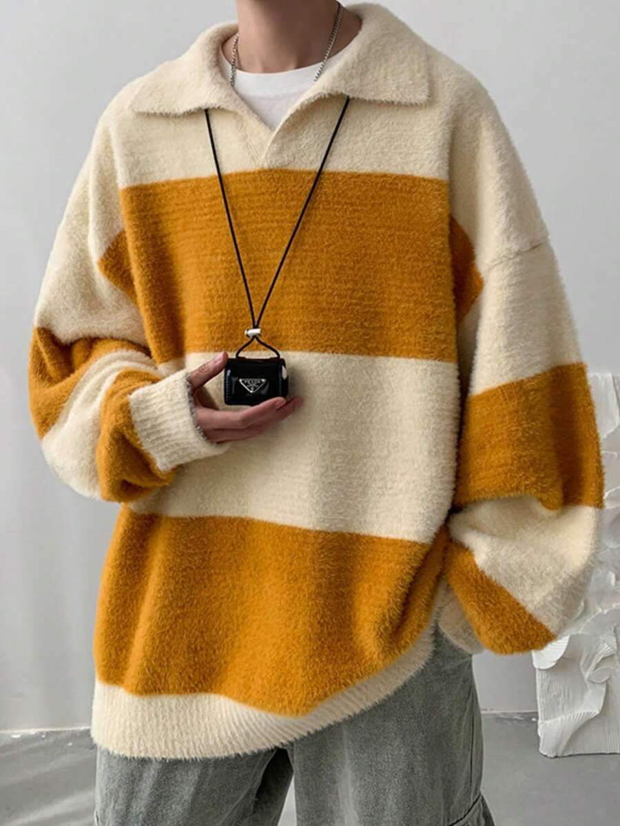 メンズ ビッグシルエット ボーダー柄 折り襟 長袖 トップス ニット カジュアル 柔らかい セーター