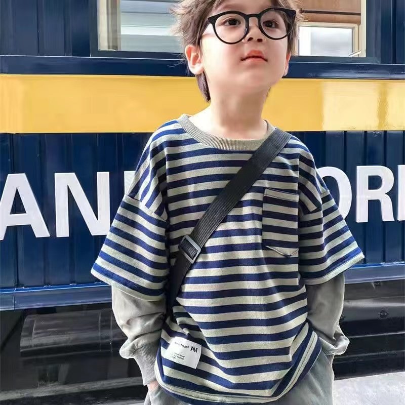 【80-120cm】よく売れる ボーダー柄 ルーズ フェイクレイヤード 長袖 Tシャツ