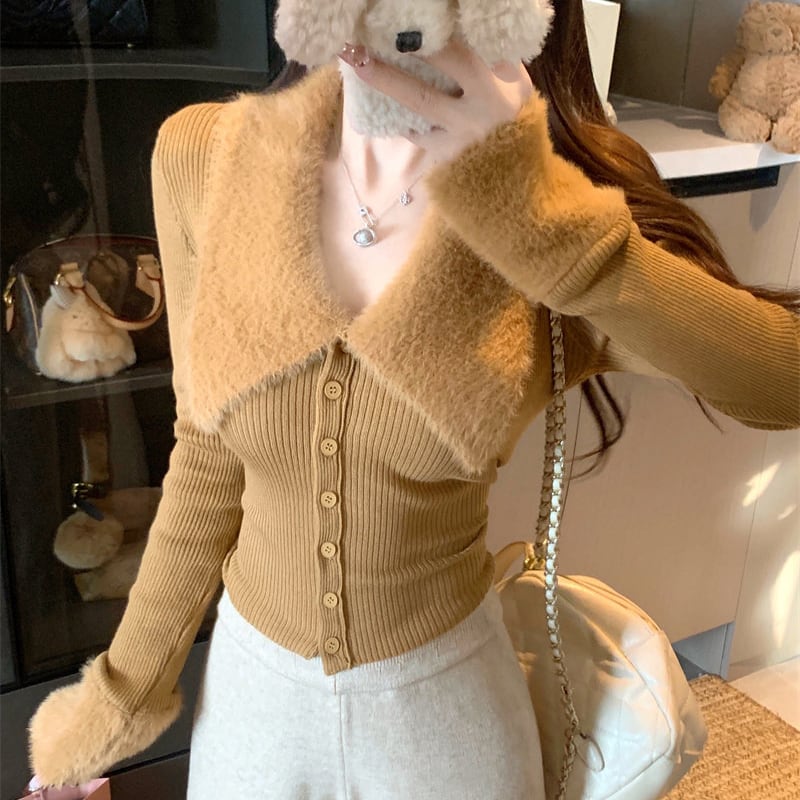 3colors トップス ニット 折り襟デザイン ウエストイン キャラメル色 グレー ピンク