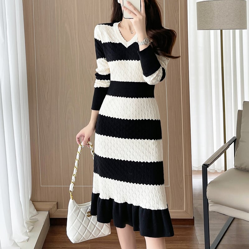 ワンピース ニット 配色 Vネック 気質溢れる ストライプ柄