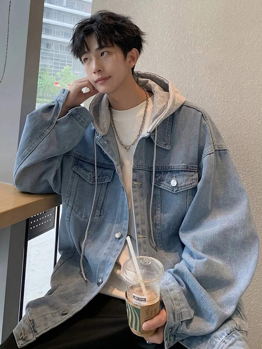 メンズ レトロ ルーズ 取り外しフード デニムジャケット